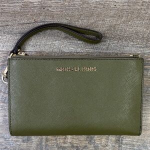 Michael Kors Olive Green Saffiano Leather Double Zip Wristlet Wallet